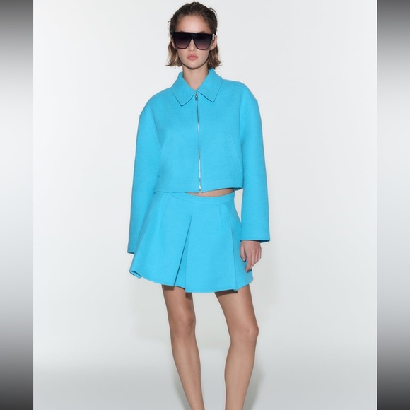 Aqua blue tweed like Zara bomber jacket and skort set - Picture 6 of 10